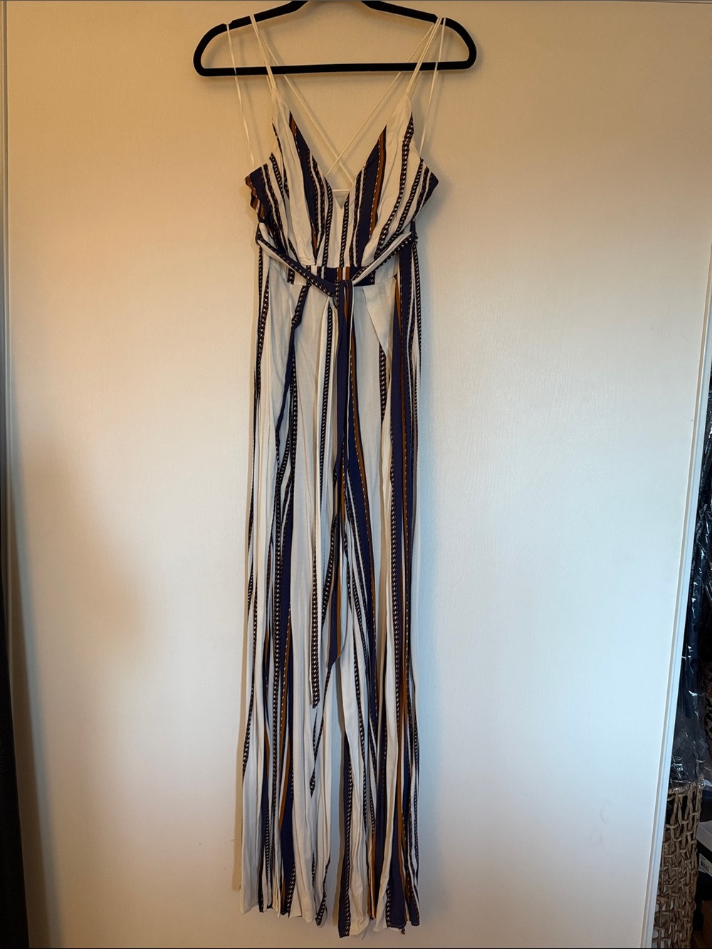 Striped V-Neck Sleeveless Jumpsuit in White, Navy & Brown